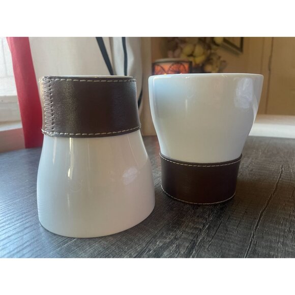 Pair White Ceramic Mugs Cups Brown Faux Leather Stitched Sleeves contemporary - Picture 3 of 7